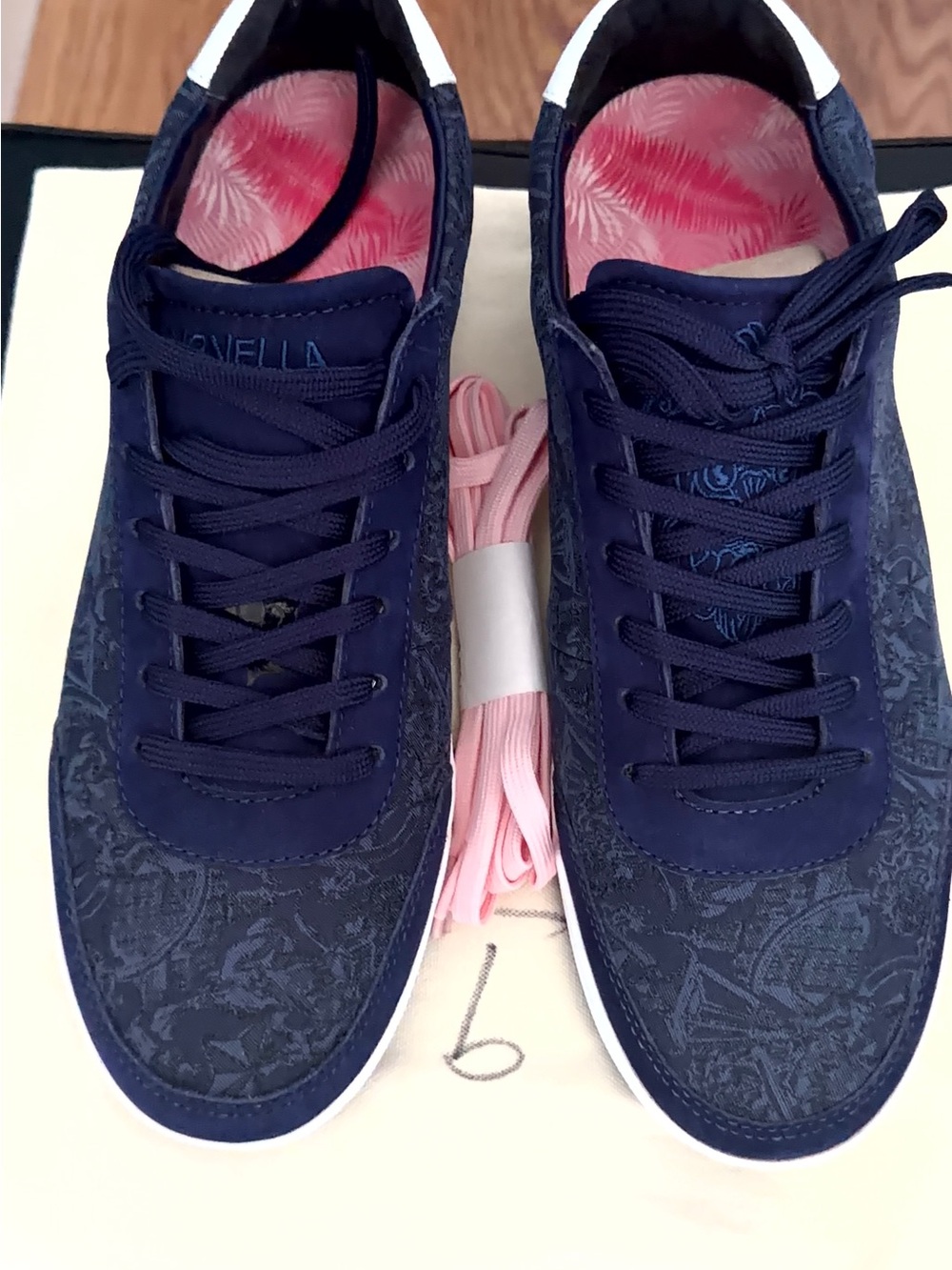 Authentic Original Vintage Style Navy Patterned Men's Sneakers with Pink Laces